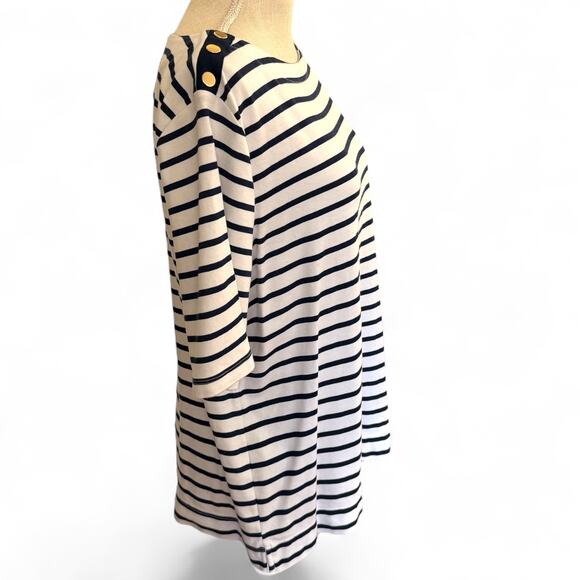 Croft & Barrow XL Navy Blue/White Striped Short Sleeve Tee w/ Gold Buttons - Picture 2 of 4